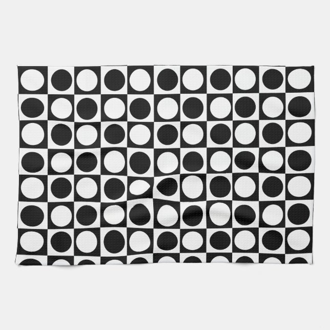 Chequered Black White Circles Pattern Design  Kitchen Towel (Horizontal)