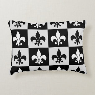 Chequered Black White Fleur-De-Lis Pattern Accent Pillow