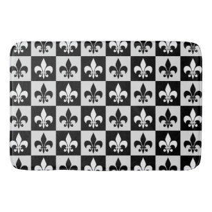 Chequered Black White Fleur-De-Lis Pattern  Bath Mat