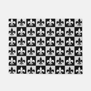Chequered Black White Fleur-De-Lis Pattern Doormat