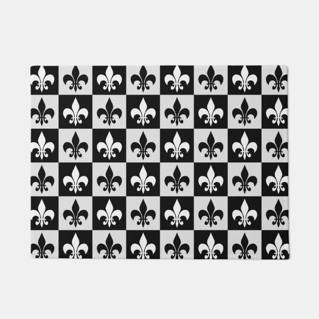 Chequered Black White Fleur-De-Lis Pattern  Doormat (Front)