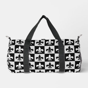 Chequered Black White Fleur-De-Lis Pattern  Duffle Bag