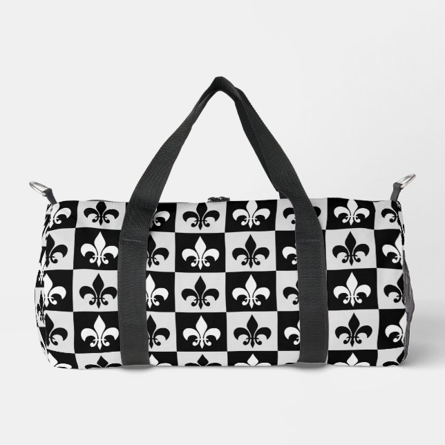 Chequered Black White Fleur-De-Lis Pattern  Duffle Bag (Front)
