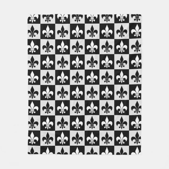 Chequered Black White Fleur-De-Lis Pattern  Fleece Blanket (Front)