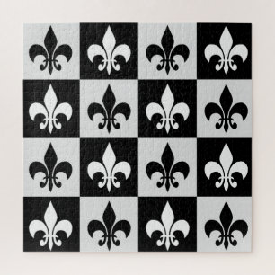 Chequered Black White Fleur-De-Lis Pattern  Jigsaw Puzzle