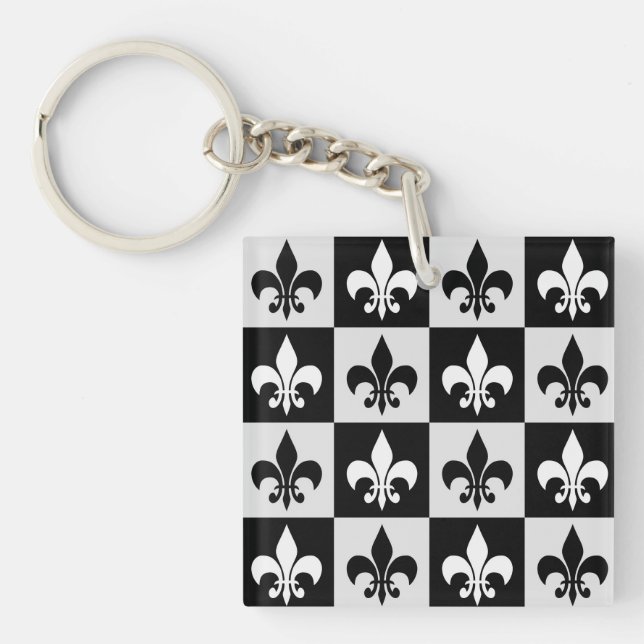 Chequered Black White Fleur-De-Lis Pattern  Keychain (Front)