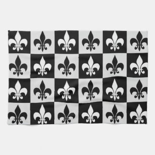 Chequered Black White Fleur-De-Lis Pattern  Kitchen Towel