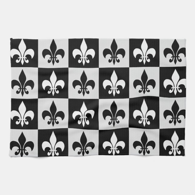 Chequered Black White Fleur-De-Lis Pattern  Kitchen Towel (Horizontal)