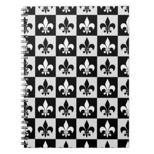 Chequered Black White Fleur-De-Lis Pattern Notebook