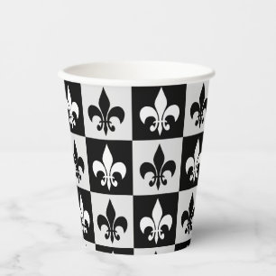 Chequered Black White Fleur-De-Lis Pattern Paper Cups