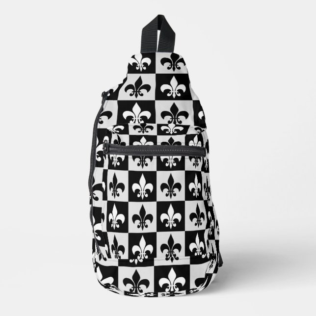 Chequered Black White Fleur-De-Lis Pattern  Sling Bag (Front)