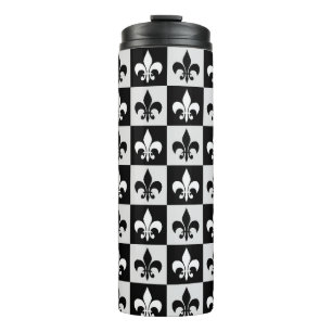 Chequered Black White Fleur-De-Lis Pattern Thermal Tumbler