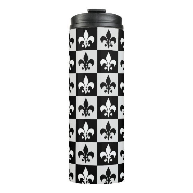 Chequered Black White Fleur-De-Lis Pattern  Thermal Tumbler (Front)