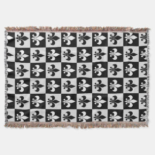 Chequered Black White Fleur-De-Lis Pattern  Throw Blanket