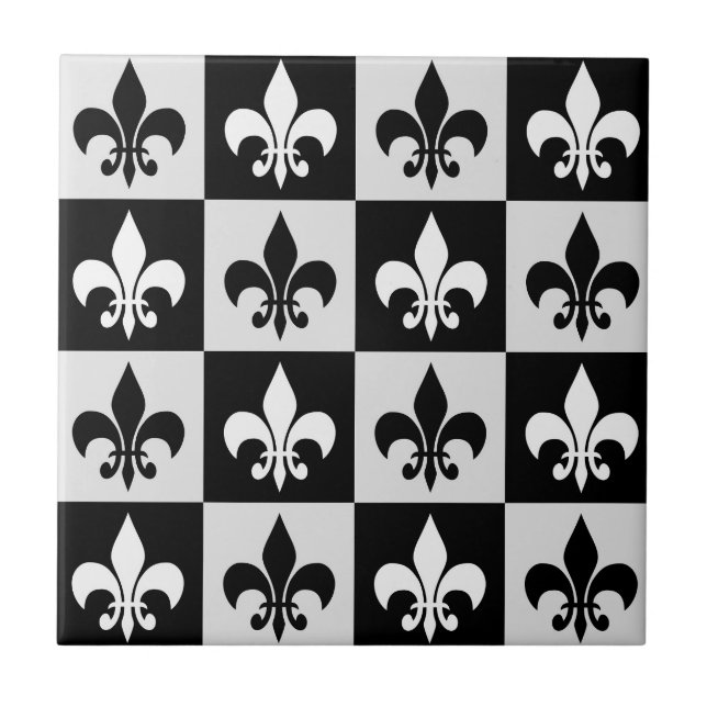 Chequered Black White Fleur-De-Lis Pattern  Tile (Front)