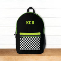 Chequered Black White Green Monogram Initials Kids