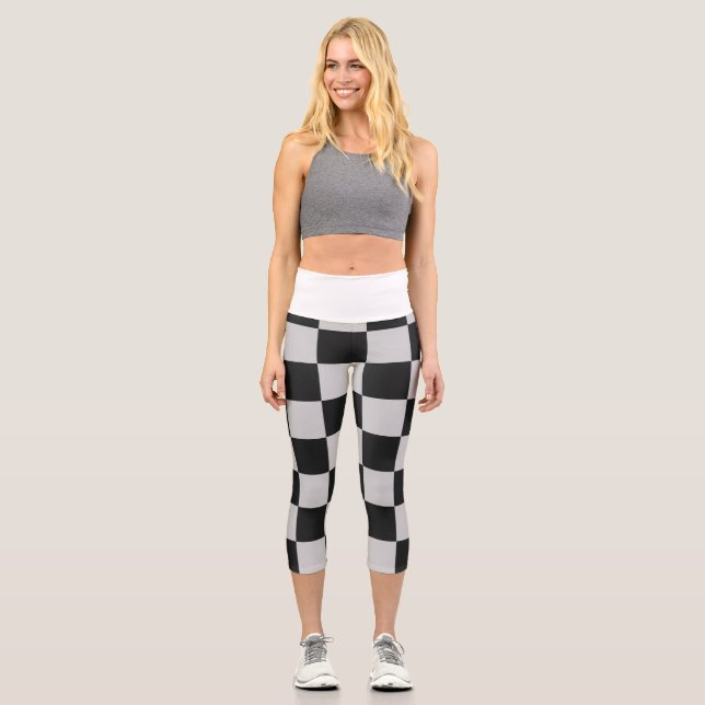 Chequered Black & White Squares or CUSTOM COLOR Capri Leggings (Front)