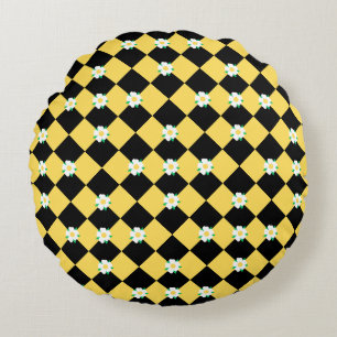 Chequered black yellow white flowers round pillow