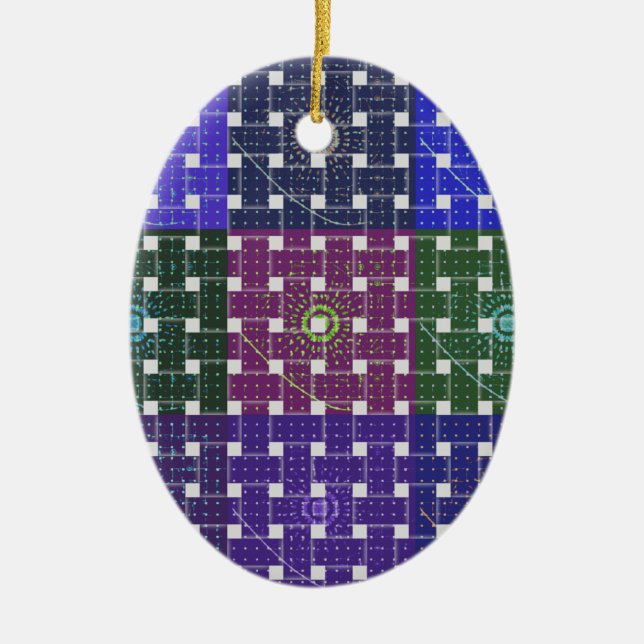 Chequered Blue and Purple Art Print Ceramic Ornament (Front)