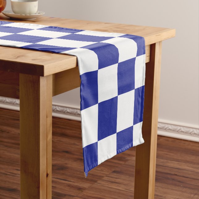 Chequered Blue and White  Short Table Runner (In Situ)