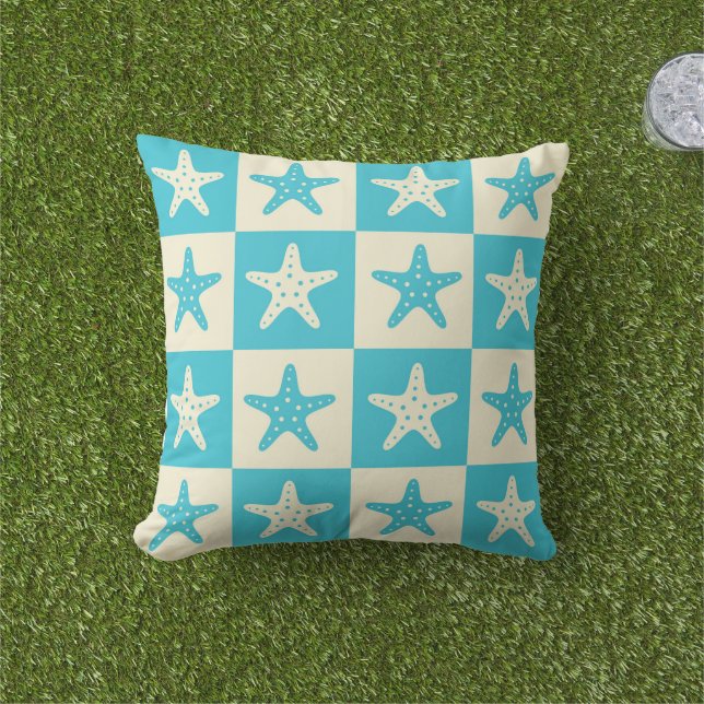 Chequered Blue and White Starfish Pattern  Outdoor Pillow (Grass)