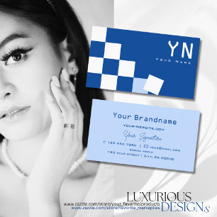Chequered Blue and White with Monogram Modern Business Card