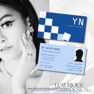 Chequered Blue and White with Monogram & Photo Business Card