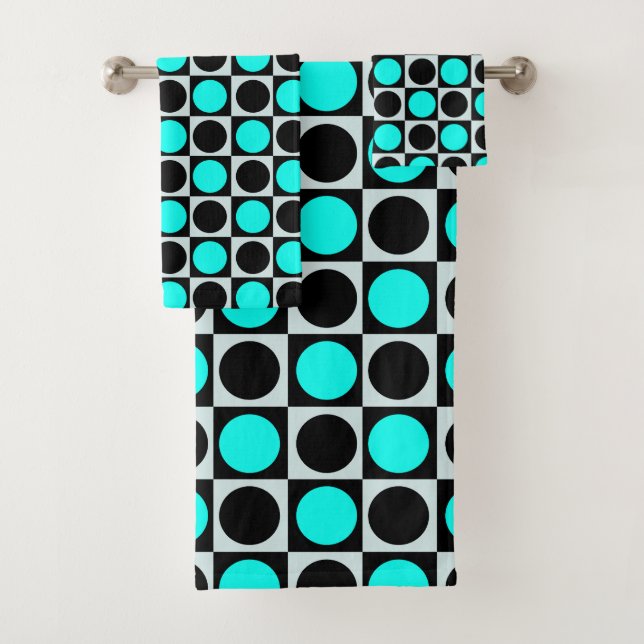 Chequered Blue Black Circles Pattern Design  Bath Towel Set (Insitu)