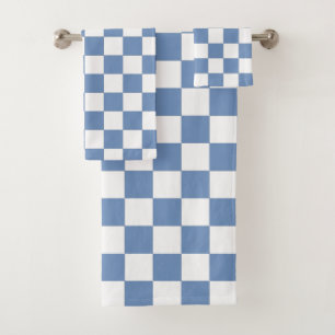 Chequered Blue/Grey and White Bath Towel Set