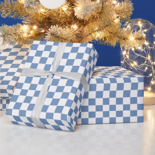 Chequered Blue/Grey and White Wrapping Paper