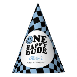 Chequered Blue Happy Smile 1st Birthday Custom Party Hat