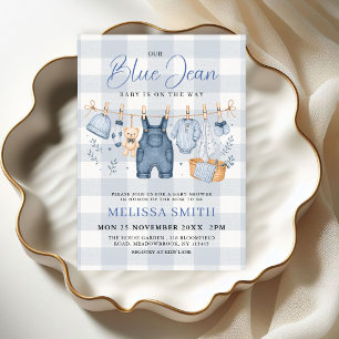 Chequered Blue Jean Baby Gingham Denim Baby Shower Invitation