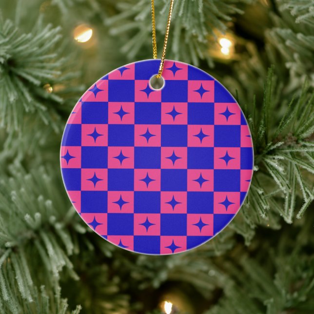 Chequered Blue & Pink Tile With Sparkles Pattern Ceramic Ornament (Tree)