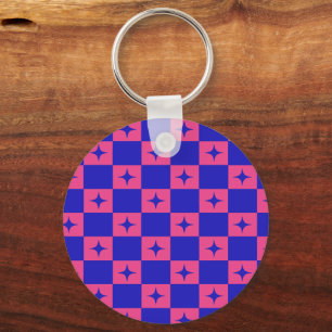 Chequered Blue & Pink Tile With Sparkles Pattern Keychain