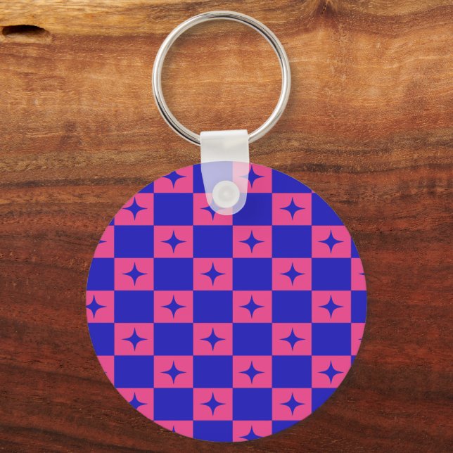 Chequered Blue & Pink Tile With Sparkles Pattern Keychain (Front)