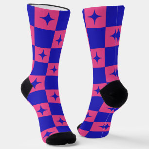 Chequered Blue & Pink Tile With Sparkles Pattern Socks