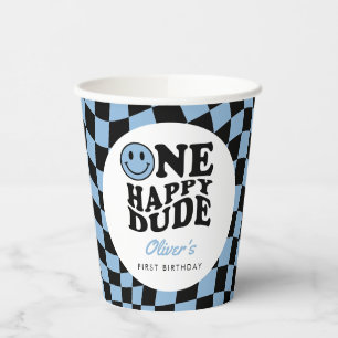 Chequered Blue Smile One Happy Dude 1st Birthday Paper Cups