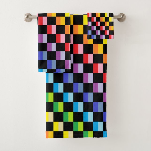 Chequered Broader Spectrum Rainbow Black Bath Towel Set (Insitu)