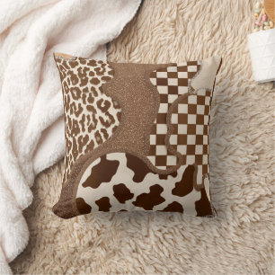Chequered Brown Wavy Mocha Aesthetic Cow Print Cut Throw Pillow