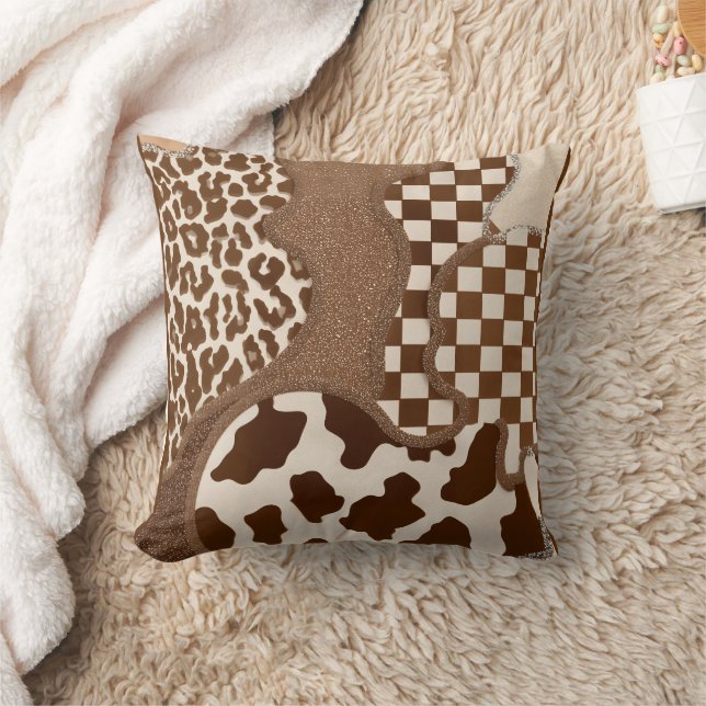Chequered Brown Wavy Mocha Aesthetic Cow Print Cut Throw Pillow (Blanket)