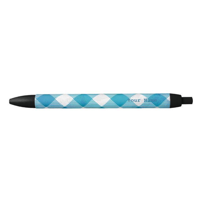 Chequered Buffalo Plaid Blue and White Black Ink Pen (Front)