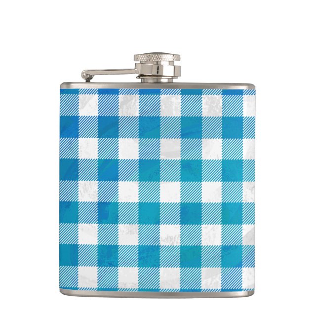 Chequered Buffalo Plaid Blue and White Hip Flask (Front)