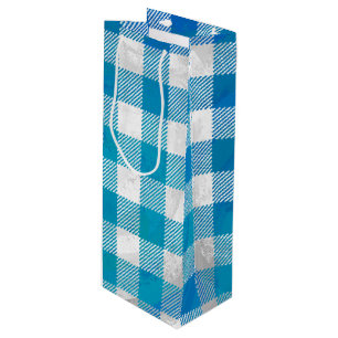 Chequered Buffalo Plaid Blue and White Wine Gift Bag