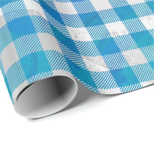 Chequered Buffalo Plaid Blue and White Wrapping Paper (Roll Corner)