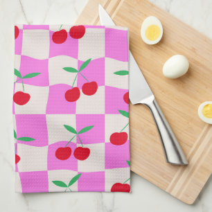 Chequered Cherries on Pink Checkerboards Pattern Kitchen Towel