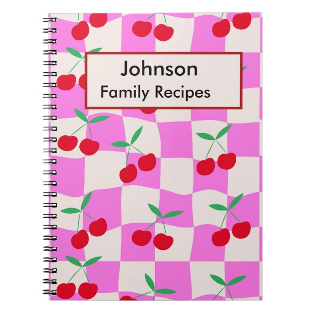 Chequered Cherries on Pink Personalized Recipes  Notebook (Front)