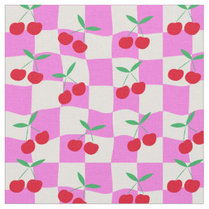 Chequered Cherries on Pink Warped Checkerboards Fabric