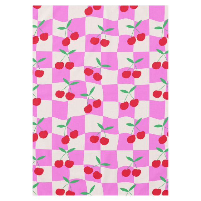 Chequered Cherries on Pink Warped Checkerboards  Tablecloth (Front)