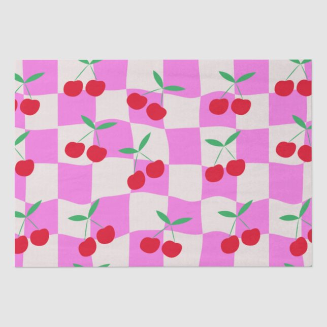 Chequered Cherries on Pink Warped Checkerboards  Tissue Paper (Front)