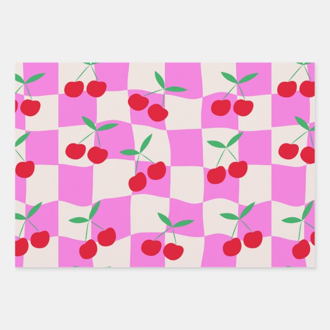 Chequered Cherries on Pink Warped Checkerboards  Wrapping Paper Sheet (Front)